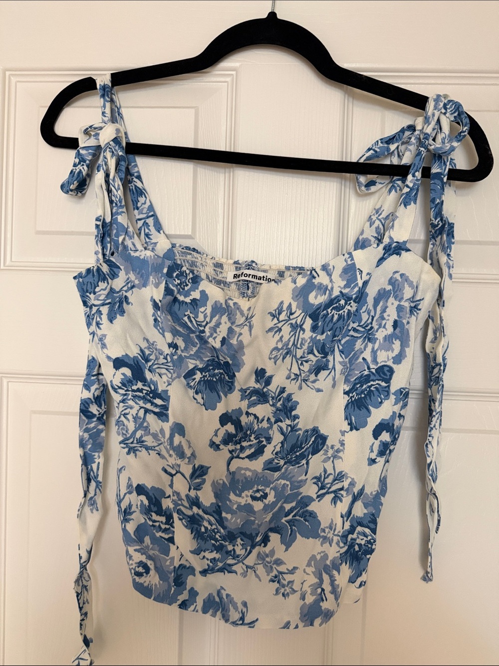 Reformation White and Blue Floral Tie-Strap Cami